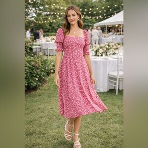 Francesca's Calista Dress Sz XL Smock Sleeve Floral Midi Red Cottagecore